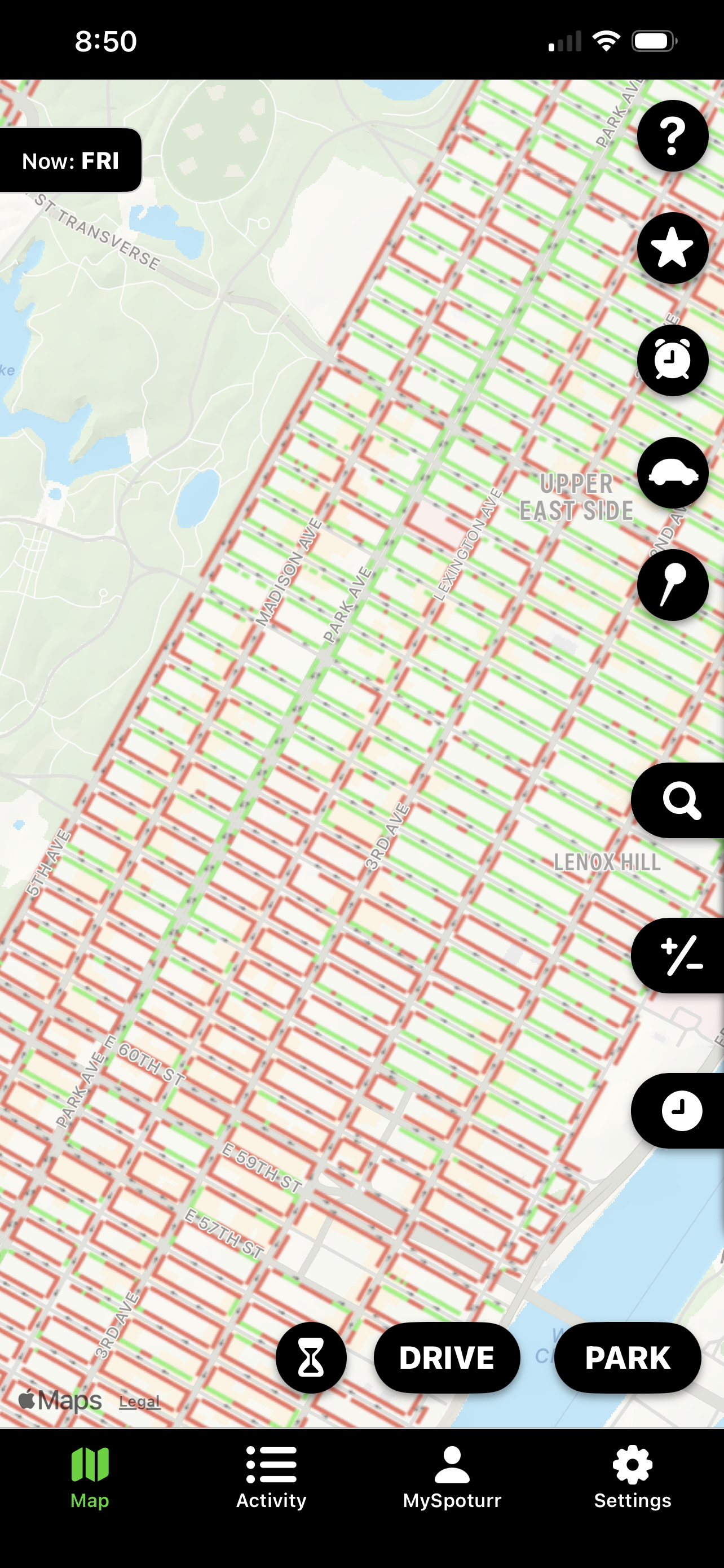 Red and green parking grid over the Manhattan map